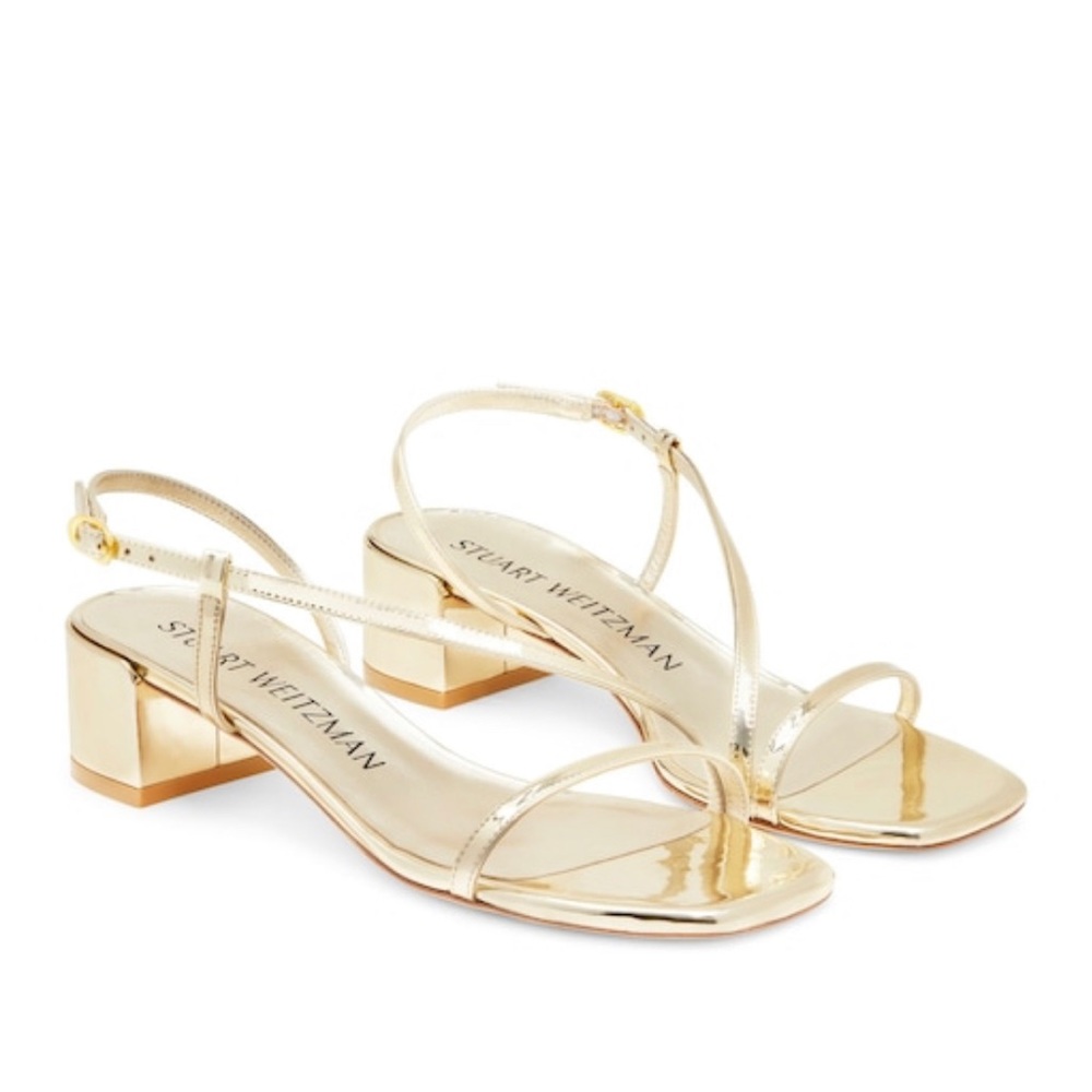 Stuart Weitzman SOIREE 35 SANDAL, size 8.5 in gold.
